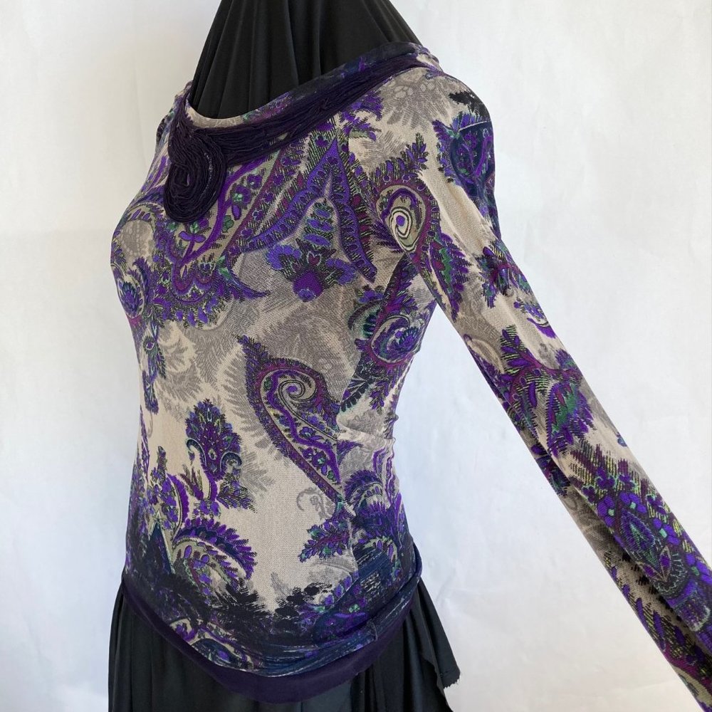 VTG FUZZI Jean Paul Gaultier Purple Stretch Mesh Long Sleeve Scoop Neck Top Sz S